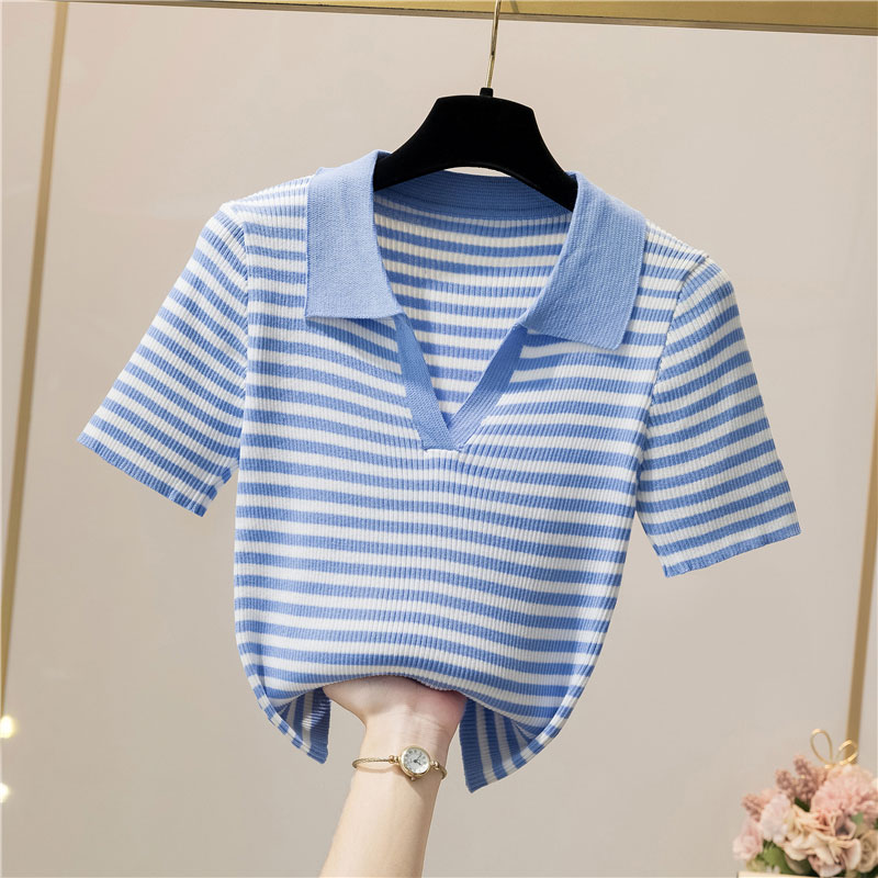 Fashion Summer Polo Collar Short Sleeve Casual  Striped Silk Sweater Womens Toppicture1