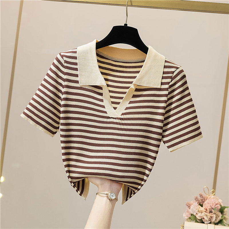 Fashion Summer Polo Collar Short Sleeve Casual  Striped Silk Sweater Womens Toppicture2