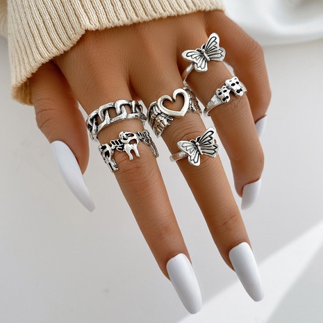 Conjunto de seis piezas de anillo de nudillo de plata antiguo con mariposa y corazón de melocotón creativo para mujer's discount tags