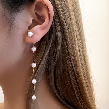 Fashion Elegant Geometric Pearl Chain Tassel Metal Earring Female's discount tags
