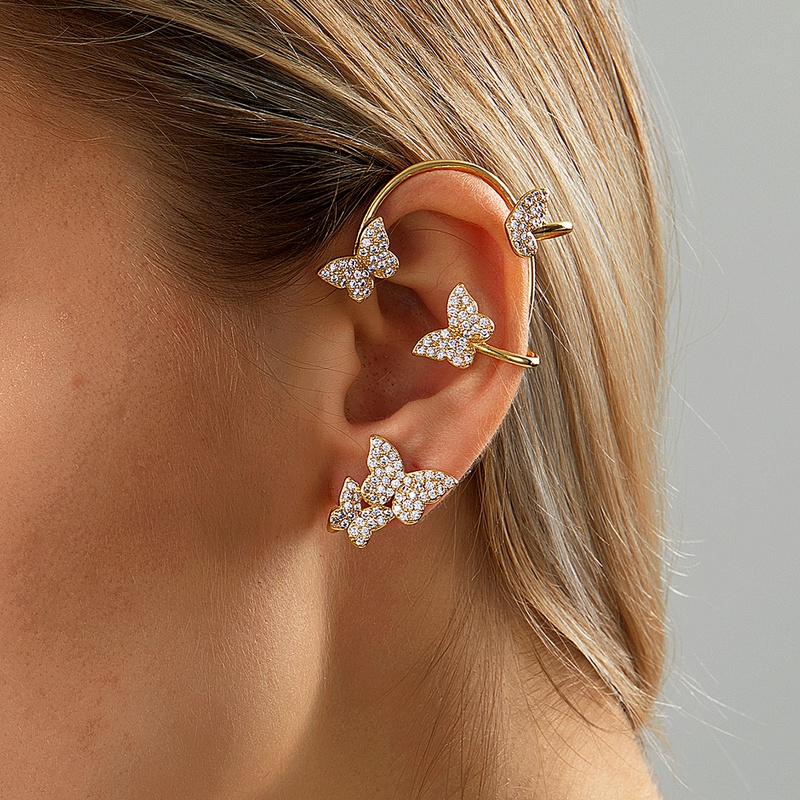 Retro Style Simple Copper Electroplated 18K Gold Zircon butterfly Ear Clip Earrings