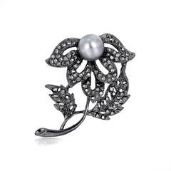 Broche de accesorios de ropa de lazo de aleación de perlas negras de diamantes de imitación de flor de moda