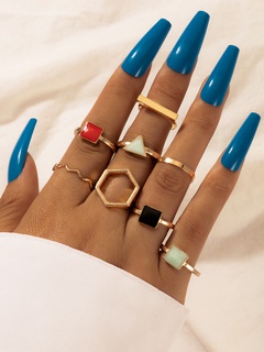 Fashion Jewelry Retro Ethnic Geometric Colorful Oil Alloy Ring 8-Piece Set