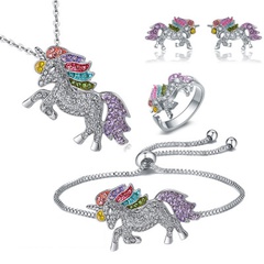 Fashion Dripping Oil Rhinestone Unicorn Necklace Bracelet earrings Ring Set