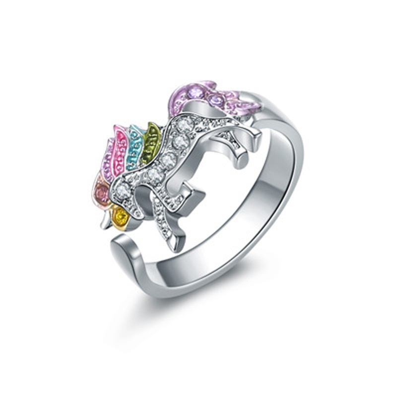 Fashion Dripping Oil Rhinestone Unicorn Necklace Bracelet earrings Ring Setpicture4
