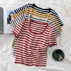 Women's Summer New Square Collar Striped Ice Silk Knitted Short Sleeve T-shirt Top