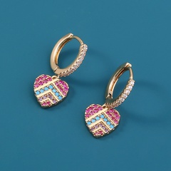 Fashion New Micro-Inlaid Colorful Natural Stone Heart-Shaped Copper Earrings a Pair