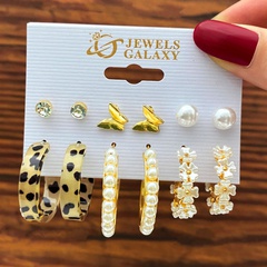Retro Acrylic Leopard-Print Diamond-Embedded Butterfly Studs Pearl C-Type Earrings Six-Piece Set