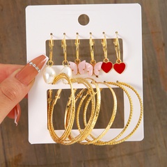 Elegant Pearl Peach Heart Butterfly Pendant C-Shape Metal Earrings Combination Six-Piece Set