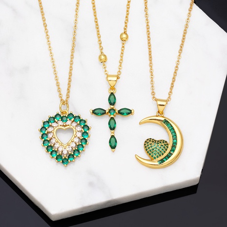 Mode Smaragd Zirkon Kreuz Mond Herz Anhänger Kupfer Halskette's discount tags