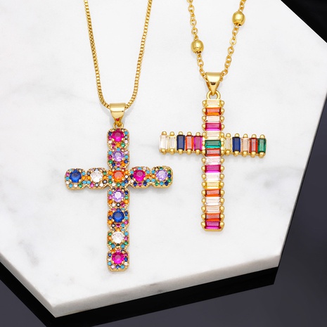 Fashion Hip Hop Micro-Inlaid Color Zircon Cross Copper Necklace 's discount tags