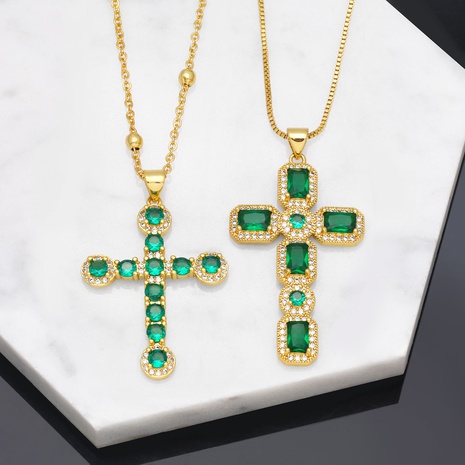 Fashion Female Hip Hop Peacock Green Zircon Cross Pendant Copper Necklace's discount tags