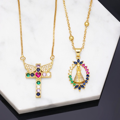 Fashion Micro Inlaid Colorful Zircon Cross Wings  Pendant Female Copper Necklace's discount tags