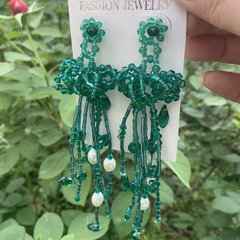 Bohemian Style Long Tassel Hand-Woven Crystal Flowers Pearl Earrings