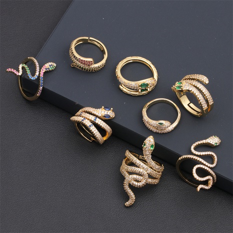 Fashion Colorful Oil Snake-Shaped Open Green Zircon Copper Ring's discount tags