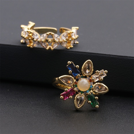 Fashion Copper 18K X Inlaid Zircon Geometric Open Flower Copper Ring's discount tags