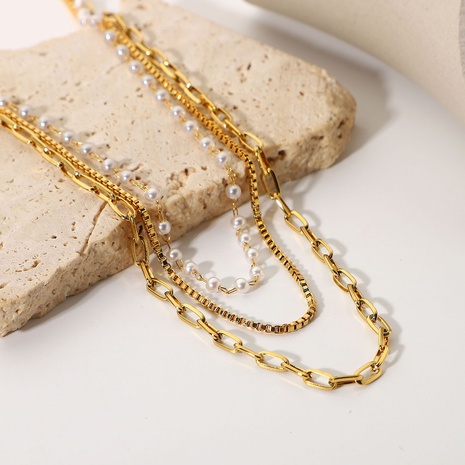 Fashion 18K Gold Stainless Steel Small Pearl Chain Three-Layer Necklace Women's discount tags