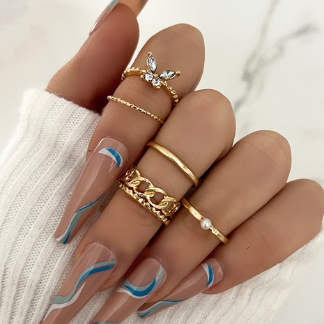 Conjunto de 5 piezas de anillo abierto de moda Retro mate Metal brillante completo diamante mariposa giro's discount tags