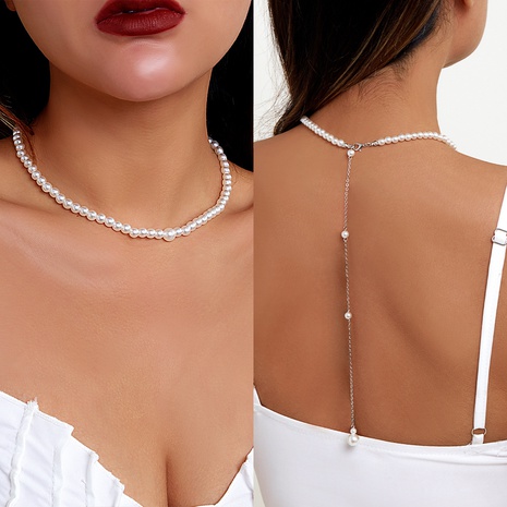 Fashion Beach Vacation Style Imitation Pearl Back Chain Sexy Tassel Handmade Alloy Body Chain's discount tags