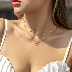 Mode Ornament Einfache Blumen Doppel Schicht Nachahmung Perle Süße Kupfer Halskette