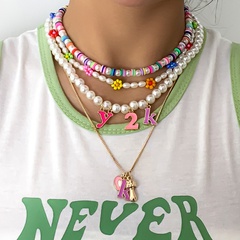 Fashion Retro Imitation Pearl Letters Ethnic Flower Alloy Necklace Women