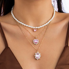 Retro corazón Rosa imitación cristal clavícula cadena imitación perla doble collar de diamantes de imitación