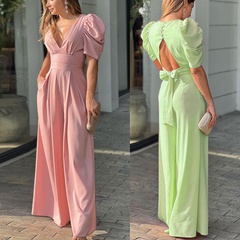 Summer New Fashion Women's Clothing Sexy V-neck Backless Slim Fit Lace-up Jumpsuit