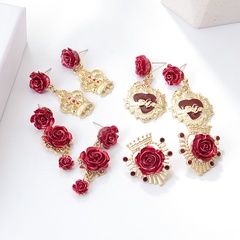 Fashion New Retro Palace Gold Red Roses Shaped Alloy Earrings