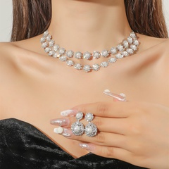 Mode Zweireihig Zirkon Perle Halskette Ohrringe Suite Hochzeit Zubehör