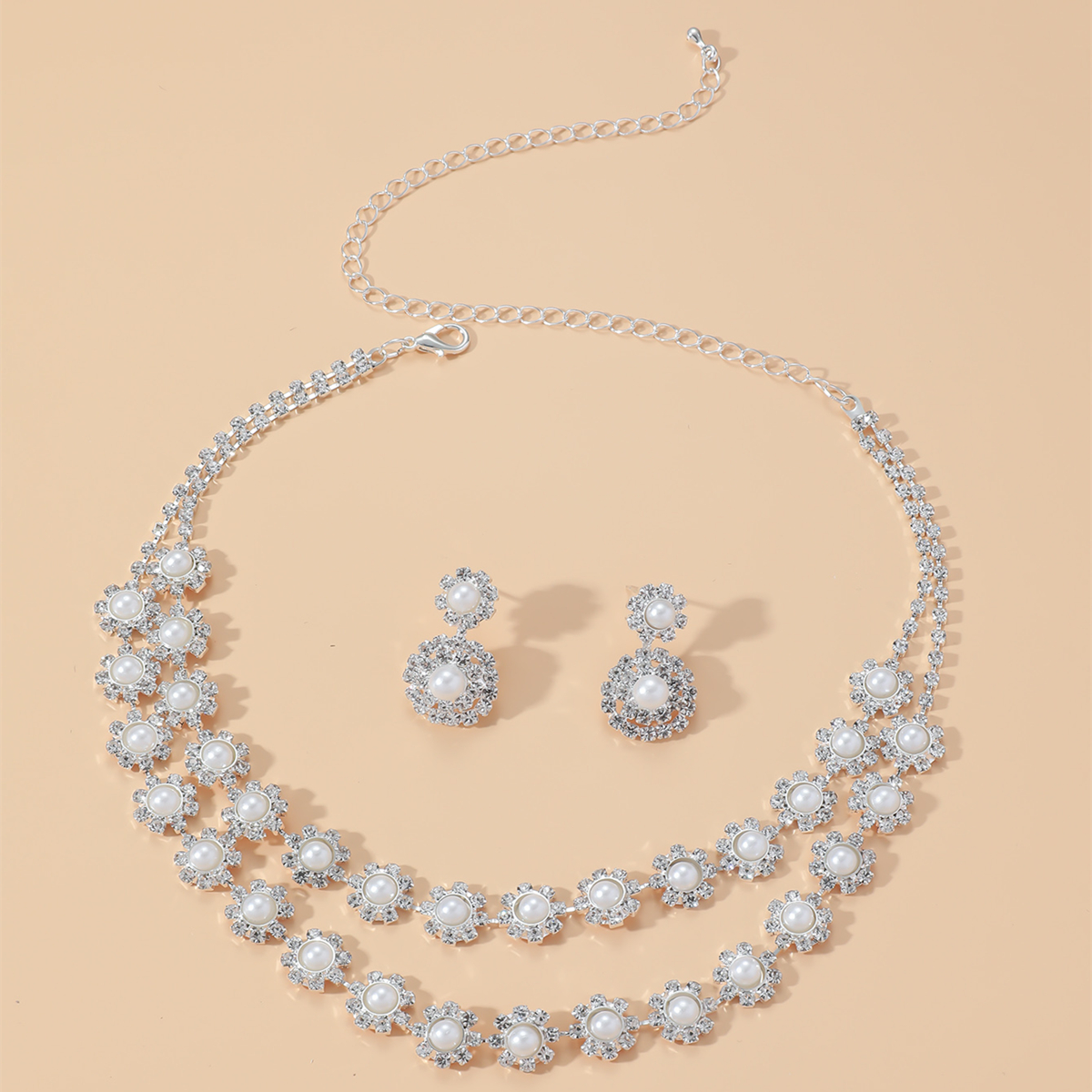 Mode Zweireihig Zirkon Perle Halskette Ohrringe Suite Hochzeit Zubehrpicture2