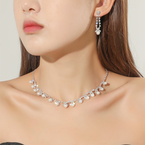Conjunto de joyería de pendientes de collar de Boda nupcial ornamento de zirconia perla de moda's discount tags