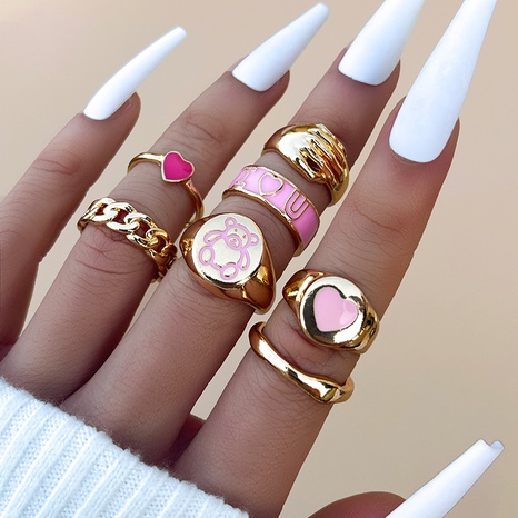 Fashion New Pink Heart Shaped Bear Palm Ring Set 7 PCs's discount tags