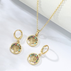 Simple Cute Fashion Inlaid Zircon Gold Plated round Hollow Peace Tree Copper Necklace Earrings Set
