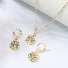 Fashion Simple Cute Inlaid Zircon Copper-Plated Gold Color Hollow Peace Tree Necklace Earrings Set