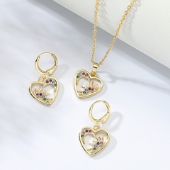 Fashion Simple Inlaid Zircon Copper-Plated Gold round Hollow Heart-shaped Necklace Earrings Set