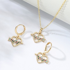 New Simple Fashion Inlaid Zircon Copper-Plated Gold Color round Hollow Heart-Piercing Necklace Earrings Set