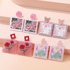 Fashion New Embossed Floral-Print Sweet Daisies Rose Square Acrylic Earrings Female