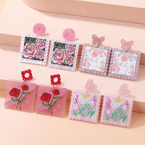 Fashion New Embossed Floral-Print Sweet Daisies Rose Square Acrylic Earrings Female's discount tags