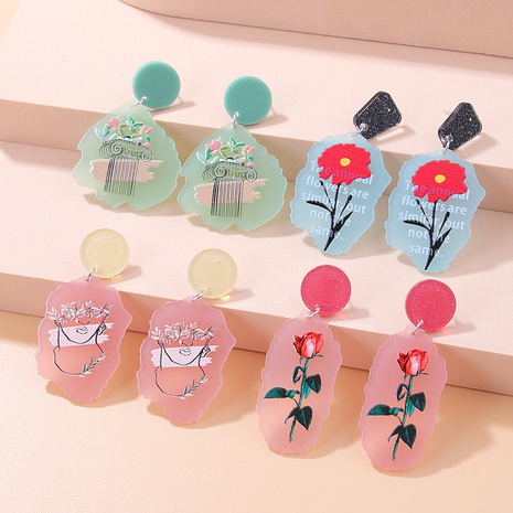 Fashion Contrast Color Pink Printing Single Rose Portrait Irregular Acrylic Earrings's discount tags