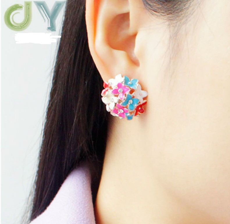 Fashion Colorful round Hydrangea Drop Oil Diamond Flower Alloy Ear Clippicture4