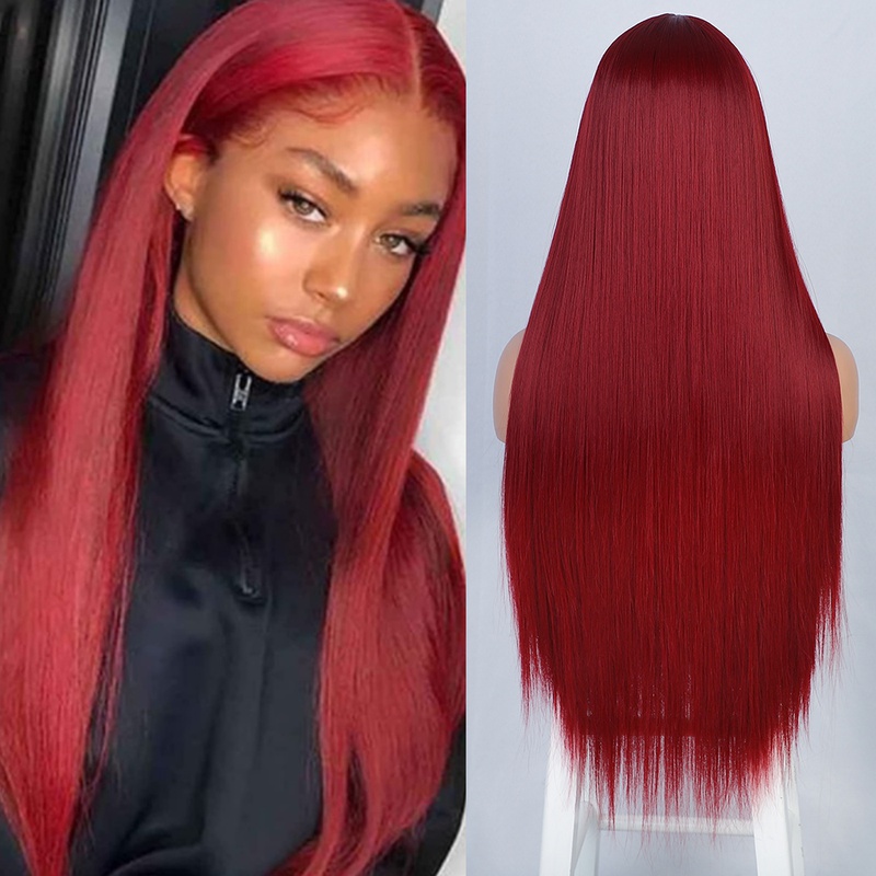 Femmes Perruque Longue Ligne Droite de Cheveux Synthtiques Perruques Avant Dentelle Rouge Perruque