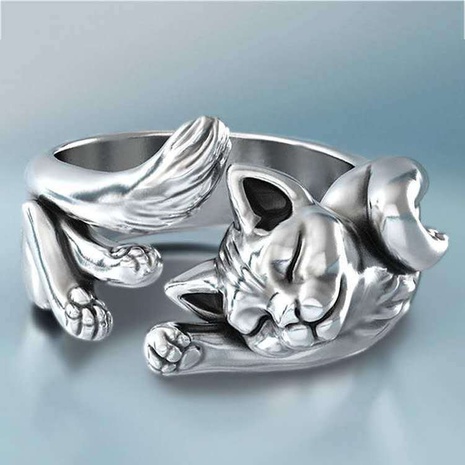 wish new kitten open ring European and American plated 925 retro Thai silver black live cat totem ring's discount tags
