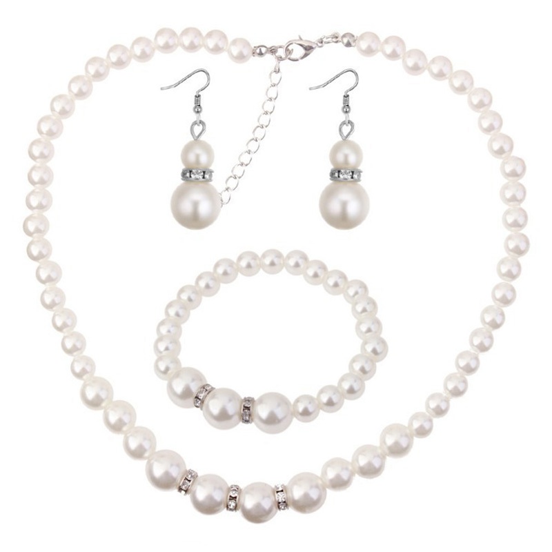 Sweet Rhinestone Pearl Necklace Bracelet Earring Set