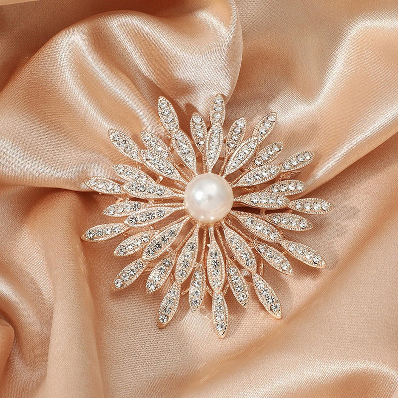 Fashion Double Rhinestone Pearl Flower Alloy Brooch