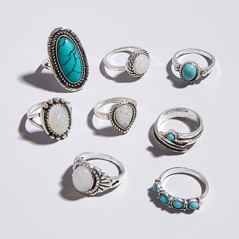 Vintage Alloy Inlaid Turquoise Geometric Ring Set of 8