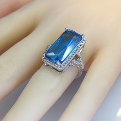 Simple Fashion Big Sea Blue Topaz Inlay Metal Ring Female Jewelry