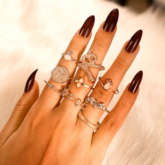 New Fashion Creative Geometric Snake-Shaped Diamond Leaf Ring 9-Piece Set