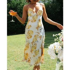Summer Fashion Side-Slit Backless Sexy Spaghetti-Strap Floral Print Dress