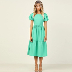 Summer New Fashion round Neck Puff Sleeve Bowknot Rope Dress