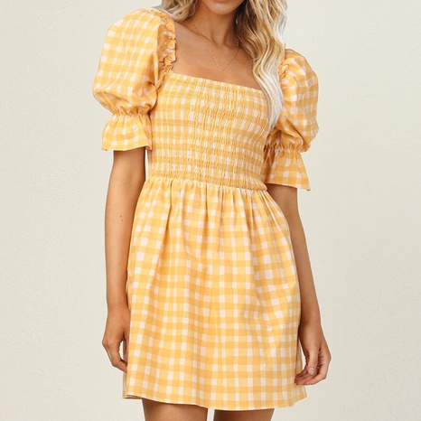 Vestido amarillo a cuadros de moda de verano 2022 para mujer's discount tags